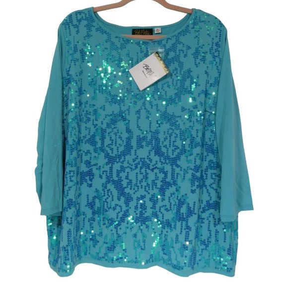 Bob Mackie Tops - Bob Mackie Wearable Art Women's Turquoise Blue Sequin Top Size XL